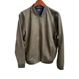 Ascot Men's Faux Suede Bomber Jacket Sz L Relaxed Fit Olive Green Full Zip